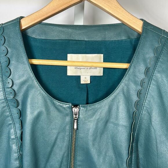 HINGE Women's Scalloped Zipper Front Soft Leather Jacket Teal Size Medium - Picture 4 of 14